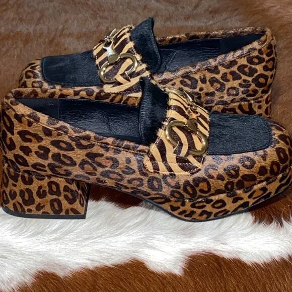 JEFFREY CAMPBELL Student Loafers Calf Hair Platform Leopard Cheetah Shoes 7.5 - Picture 4 of 10